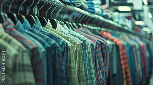 Rows of brightly colored shirts hang on racks in store shelves. photo