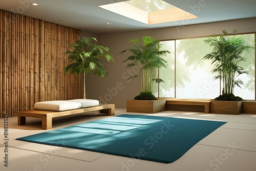 Zen Meditation Space  a serene and peaceful meditation space inspired by Zen principles. Incorporate elements like a low wooden platform for seating  bamboo plants  a small water fountain.