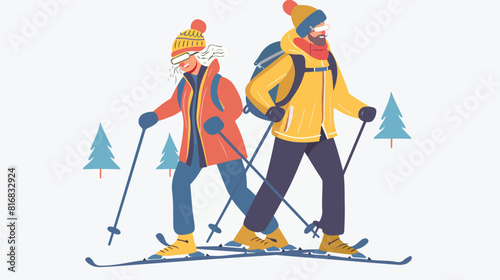 Young couple or pair of friends skiing together. Smiling