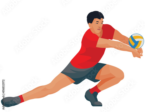 Isolated figure of a Chinese professional volleyball player in a red uniform who crouches down and hits the ball