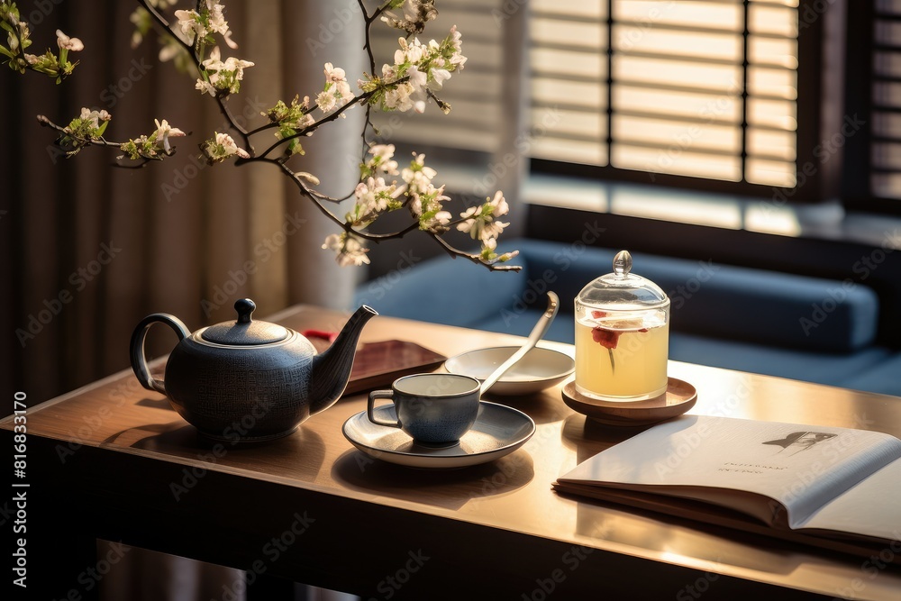 A table is set with a charming tea pot, delicate teacup, and open book, creating a serene and inviting scene. Generative AI
