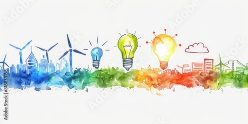 Colorful watercolor drawing of light bulbs and wind turbines.