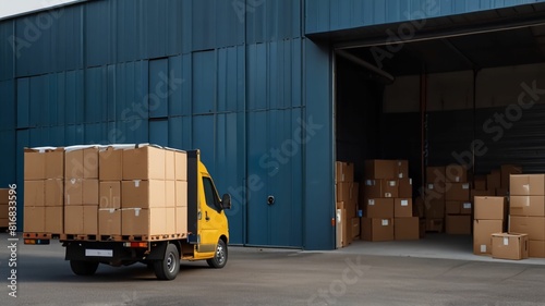 Outside of Logistics Warehouse with Open Door, Delivery Van Loaded with Cardboard Boxes. Truck Delivering Online Orders, Purchases, E-Commerce Goods, Wholesale Merchandise.