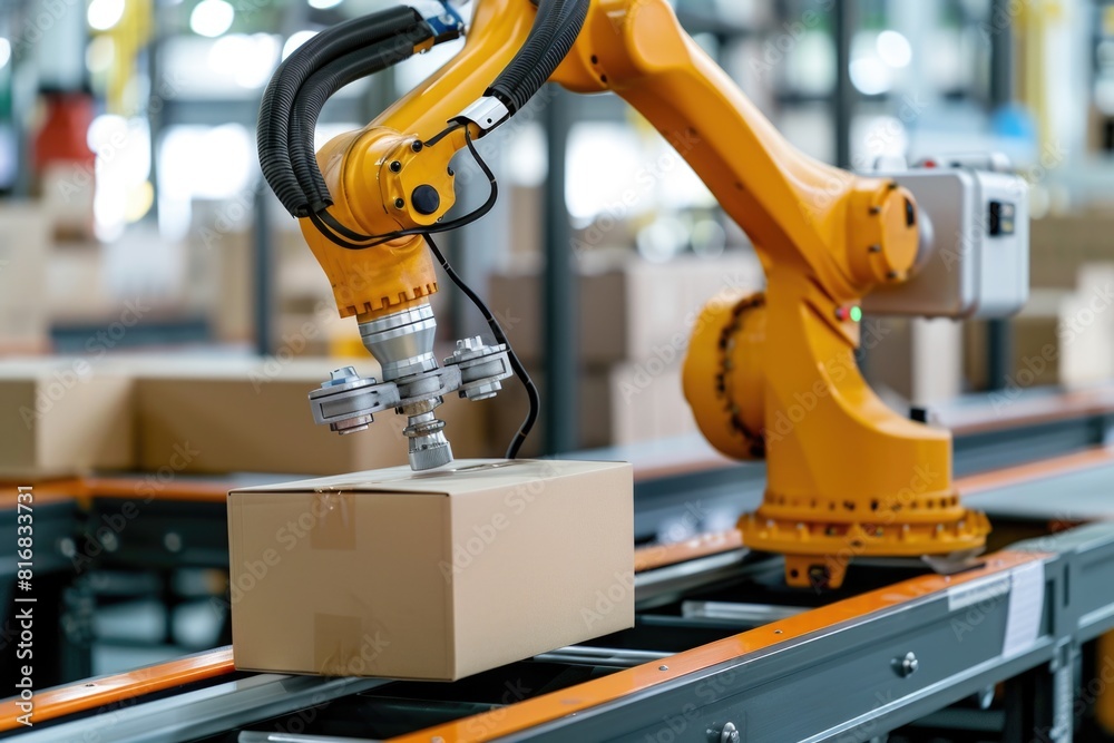 A robotic arm in action on a conveyor belt. Suitable for industrial automation concepts A robotic arm in action on a conveyor belt. Suitable for industrial automation concepts