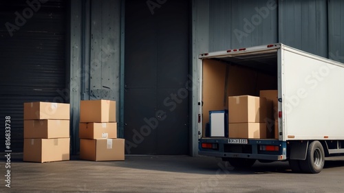 Outside of Logistics Warehouse with Open Door, Delivery Van Loaded with Cardboard Boxes. Truck Delivering Online Orders, Purchases, E-Commerce Goods, Wholesale Merchandise. © Grigoriy