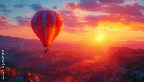 Hot air balloon floating over a colorful landscape at sunrise. Exploration  travel  adventure