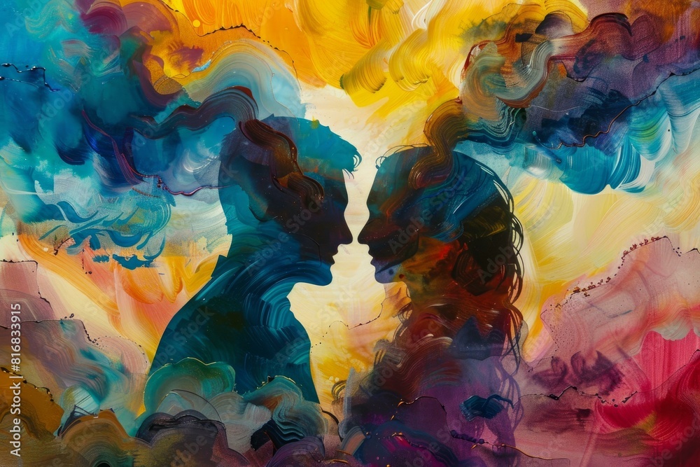 Vibrant and emotional abstract lovers silhouette painting for sale, perfect for modern wall decor and interior decoration in a contemporary relationshipthemed gallery exhibition
