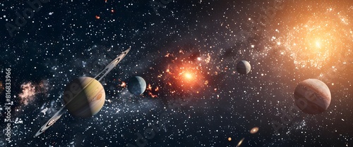 a panoramic view of outer space  showcasing a vibrant scene with various celestial bodies. It features planets of different sizes and colors  some with rings  asteroids  and stars