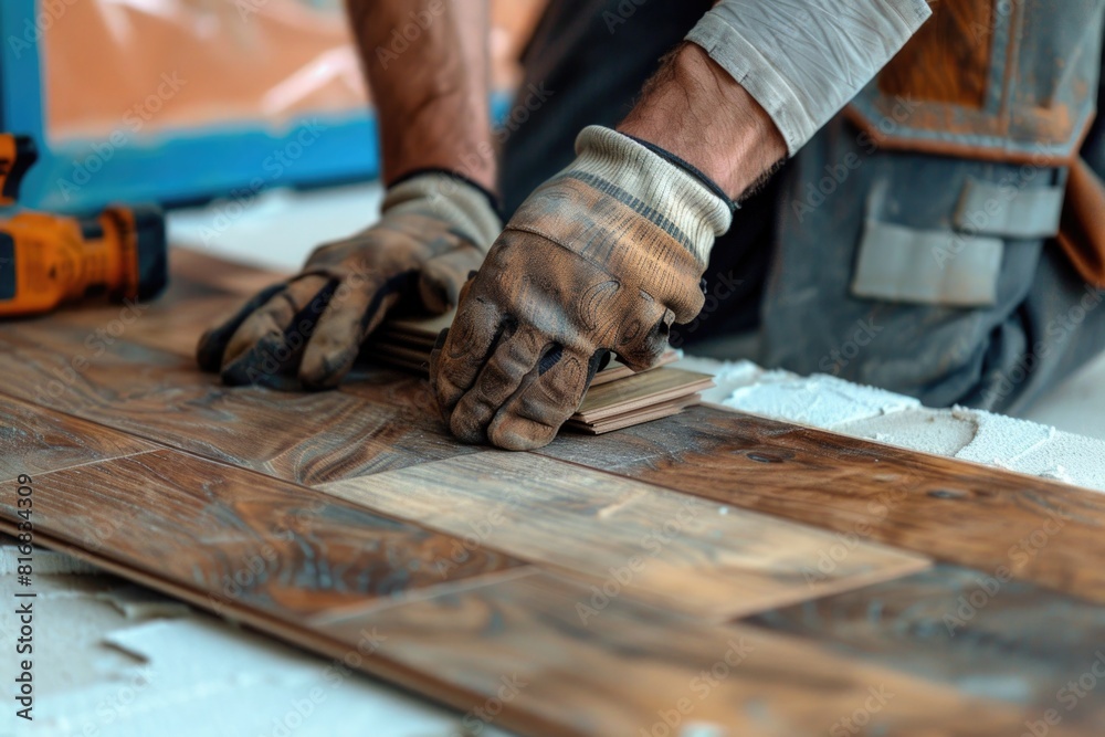 A man is seen working on a wood floor. Ideal for home renovation projects A man is seen working on a wood floor. Ideal for home renovation projects