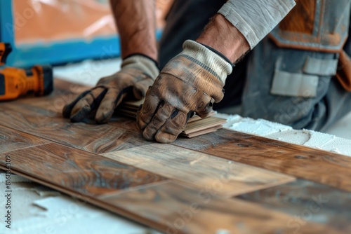 A man is seen working on a wood floor. Ideal for home renovation projects