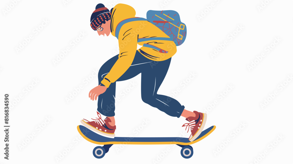 Young man riding skateboard pushing with foot. Cool 