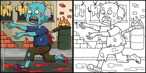 Running Zombie Coloring Page Colored Illustration