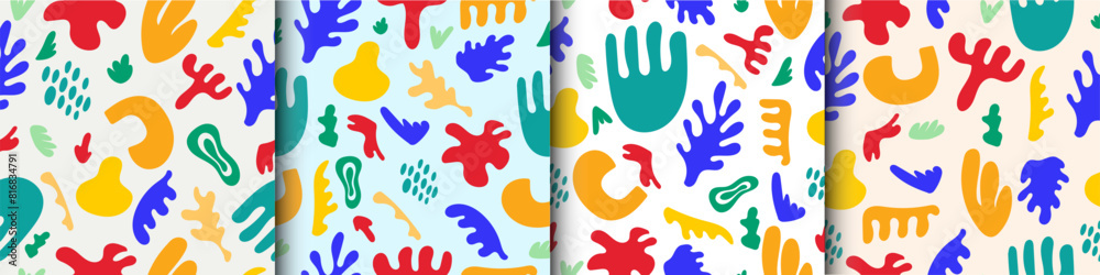 Fototapeta premium Collection Abstract matisse inspired seamless pattern with colorful freehand doodles. Organic flat background, simple random shapes in bright childish colors.