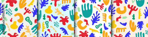 Collection Abstract matisse inspired seamless pattern with colorful freehand doodles. Organic flat  background, simple random shapes in bright childish colors.