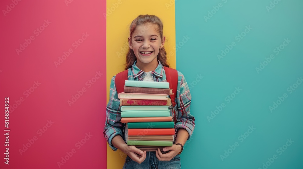 A happy smiling girl holding a stack of books A happy smiling girl holding a stack of books