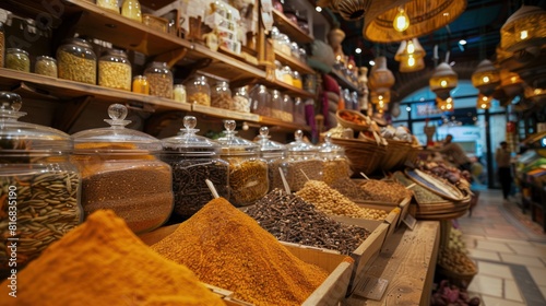 Seasonings and spices are arranged in shelves. photo
