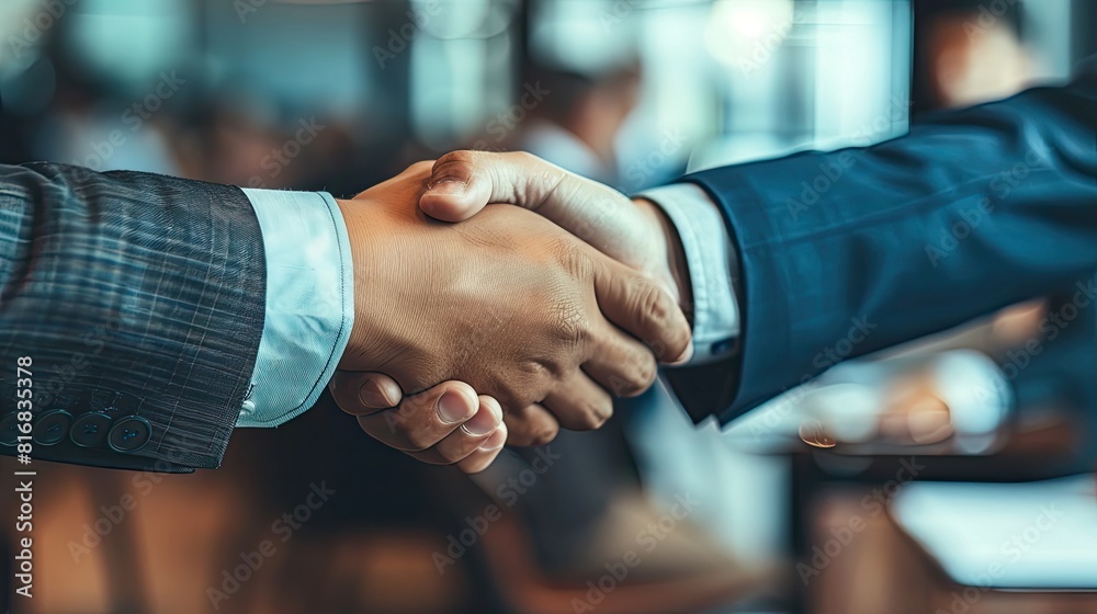 Two men shaking hands in a business setting. Concept of professionalism and trust between the two individuals