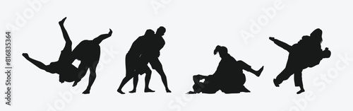 Jiu Jitsu vector set silhouettes on white background. Different action, pose. Martial arts, judo, sport. Graphic illustration.