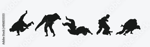 Judo vector set silhouettes on white background. Different action, pose. Martial arts, jiu jitsu, sport. Graphic illustration. photo