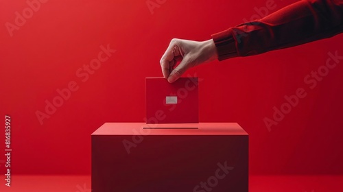 Voting scene with a black ballot box and a hand voting photo