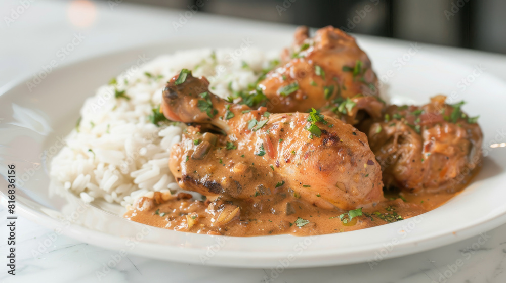 Authentic african chicken stew with white rice and fresh parsley, a traditional and delicious meal from africa Authentic african chicken stew with white rice and fresh parsley, a traditional and delicious meal from africa