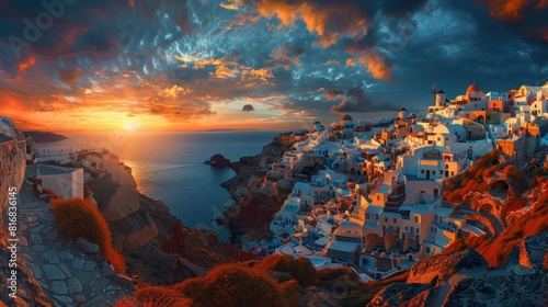 After sunset hour at Oia village of Santorini island in the Cyclades, aegean sea, Greece. 