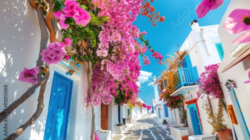 Authentic traditional Greece. Mykonos island. Charming colorful floral streets of old Chora village. Cyclades  photo