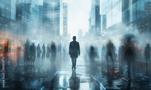 A businessman walk on road through blurred people and city and town