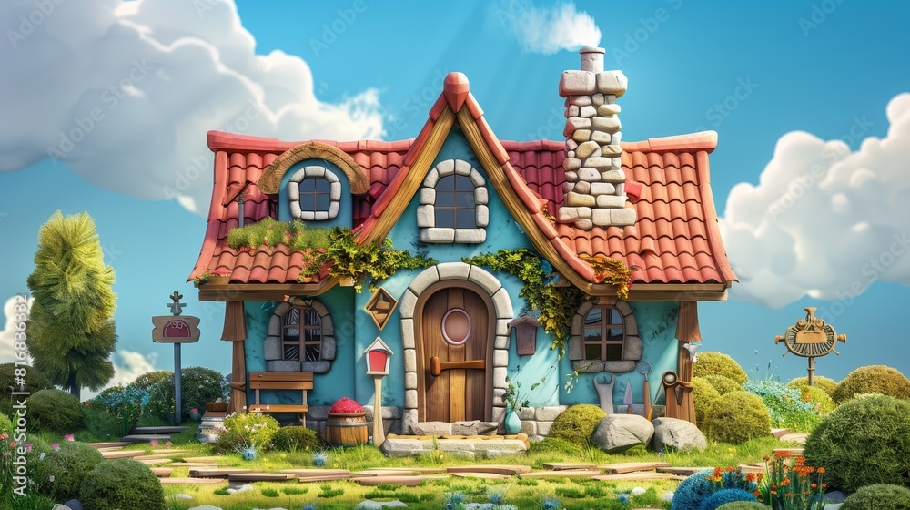 A blue house with a red roof and a sign on the front A blue house with a red roof and a sign on the front