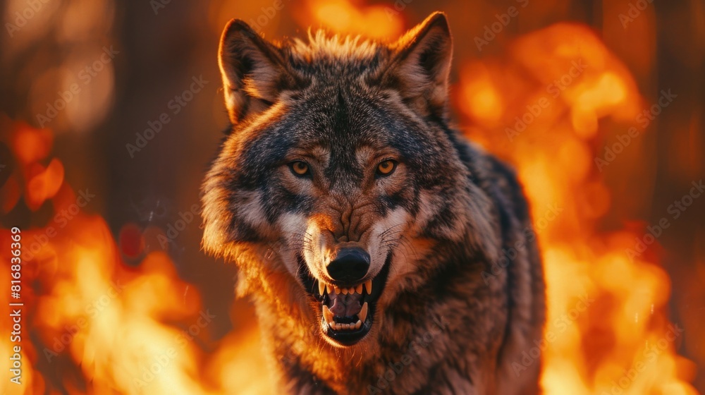Close up of a wolf in a fiery field. Perfect for nature-themed designs Close up of a wolf in a fiery field. Perfect for nature-themed designs