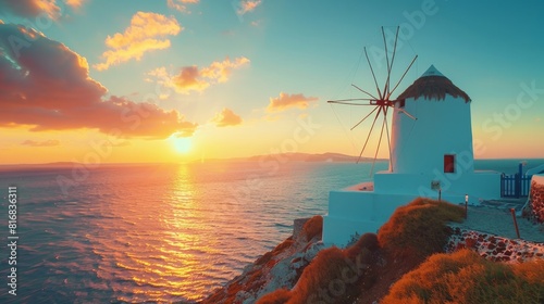 Beautiful Sunset view of traditional Greek windmill on Santorini island, Greece, Europe. luxury travel. Summer holidays. Travel concept background. 