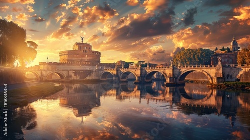 Castle Sant Angelo (Mausoleum of Hadrian), bridge Sant Angelo and river Tiber in the rays of sunset in Roma, Italy. Rome architecture and landmark. Rome cityscape.  photo