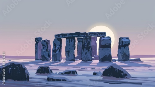 A computer generated image of a stone circle with a large moon in the background photo