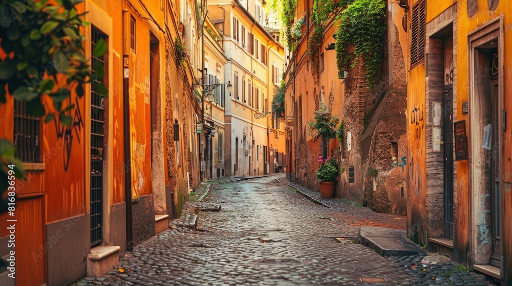 Cozy old street in Trastevere in Rome, Italy. Trastevere is rione of Rome, on the west bank of the Tiber in Rome, Lazio, Italy. Architecture and landmark of Rome 