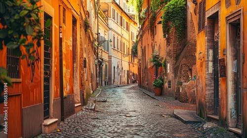Cozy old street in Trastevere in Rome, Italy. Trastevere is rione of Rome, on the west bank of the Tiber in Rome, Lazio, Italy. Architecture and landmark of Rome  photo