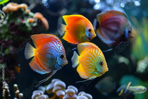 Group of colorful discus fish elegantly gliding through a wellplanted aquarium environment