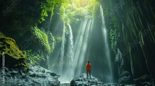 Famous Bali waterfall in the cave Tukad Cepung. Young man tourist discover the beauty of earth.  photo