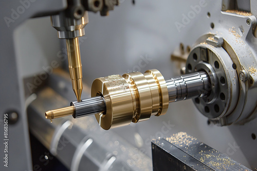 The multi-tasking CNC lathe machine type tapping the brass shaft parts, The high technology metal working with CNC turning machine, generative ai