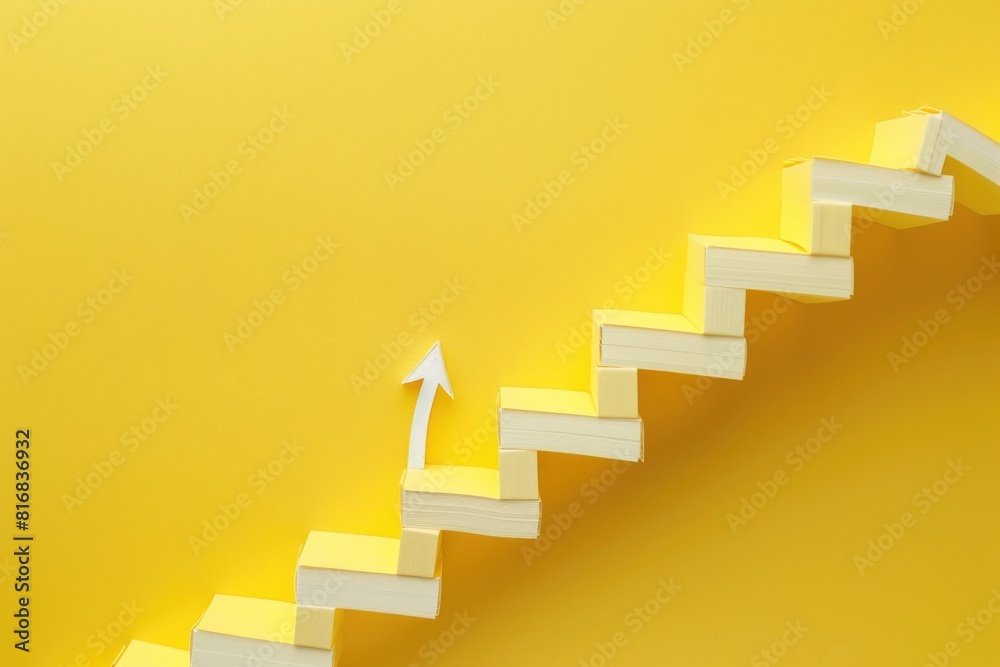 A white paper arrow going up a set of stairs. Perfect for business growth concepts A white paper arrow going up a set of stairs. Perfect for business growth concepts