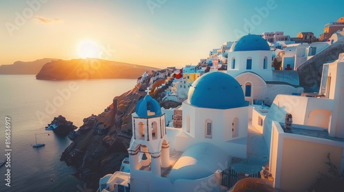 Fira town on Santorini island, Greece. Incredibly romantic sunrise on Santorini. Oia village in the morning light. Amazing sunset view with white houses. Island lovers. 3 Blue domes 