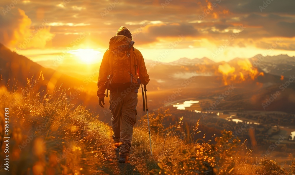 hiker with backpack walking on a mountain trail at sunset, with warm sunlight casting a golden glow on the landscape