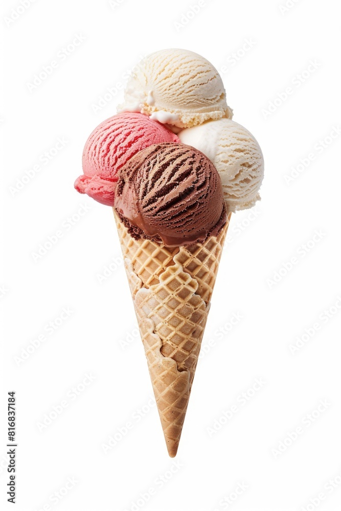 Delicious three scoops of ice cream in a waffle cone, perfect for summer treats Delicious three scoops of ice cream in a waffle cone, perfect for summer treats