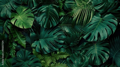 Group background of dark green tropical leaves   monstera  palm  coconut leaf  fern  palm leaf bananaleaf  Panorama background. concept of nature 