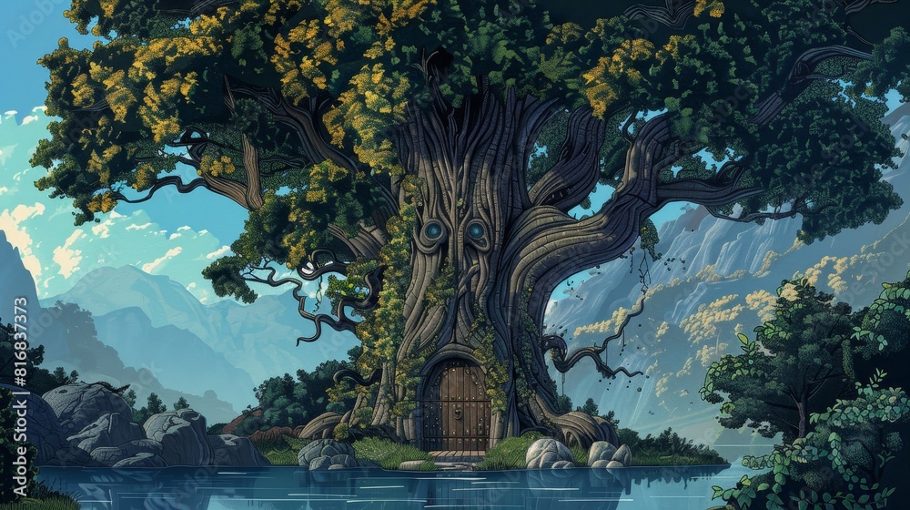 Fototapeta premium A large tree with a door in its trunk