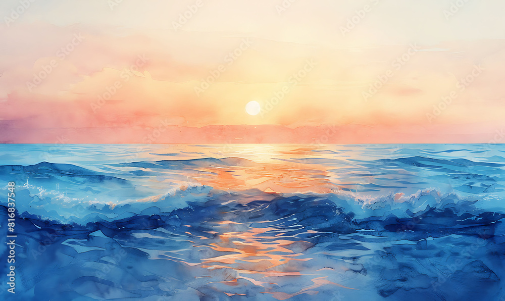 Obraz premium Pastel Sunset over Gentle Waves on the Beach in Watercolor