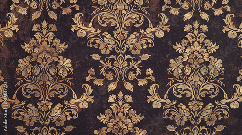 Damask Inspired Wallpaper A damask-inspired wallpaper pattern with intricate floral motifs and scrolling vines rendered in rich velvet textures and metallic accents exuding opulence .