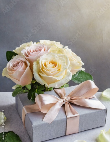 bouquet of roses and gift box