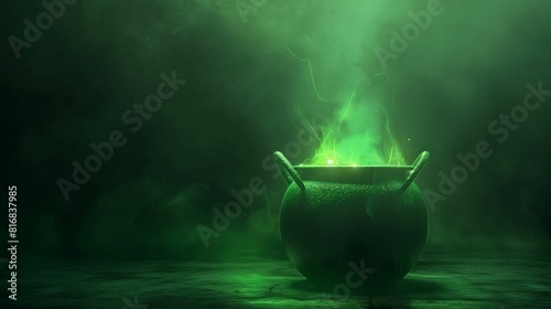 Black cauldron with glowing green liquid bubbling and emitting smoke on a dark background.