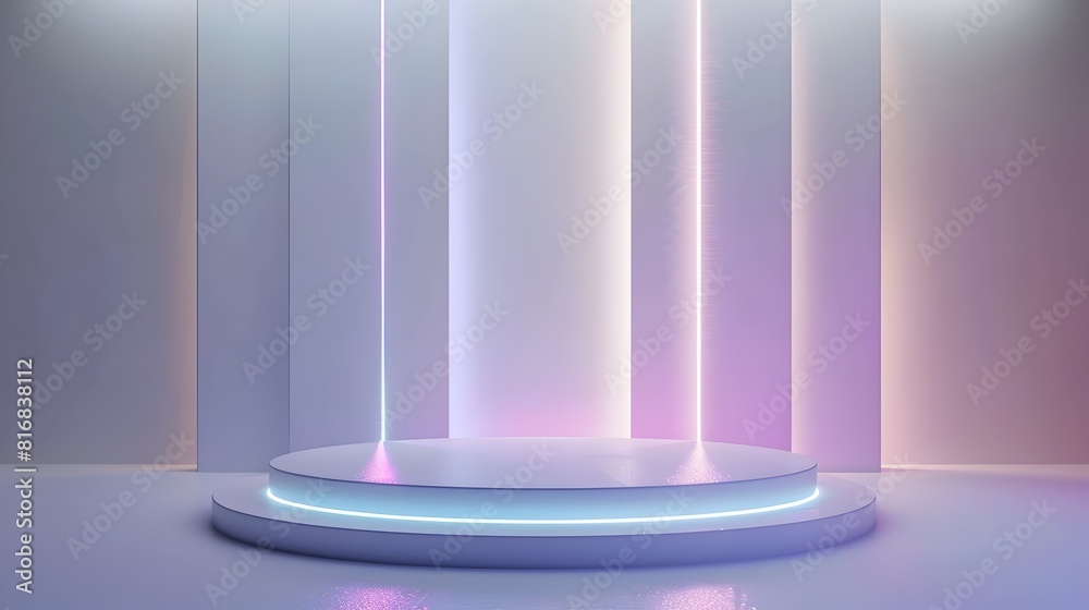 Cutting-edge 3D product display podium with dynamic lighting and digital effects in a surreal game-like atmosphere Cutting-edge 3D product display podium with dynamic lighting and digital effects in a surreal game-like atmosphere