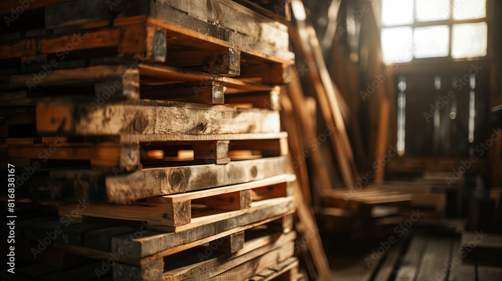 Wooden pallets stacked in warehouse with sunlight through window.